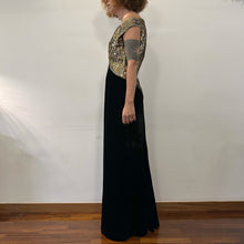 Load image into Gallery viewer, Abito Victor Costa in paillettes e rete oro e nero 80s.