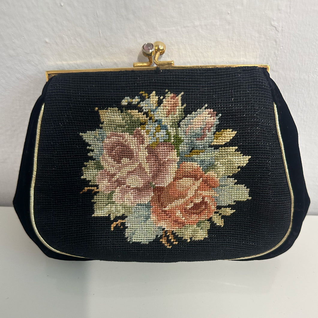 Borsetta da sera vintage in velluto nero – ricamo floreale
