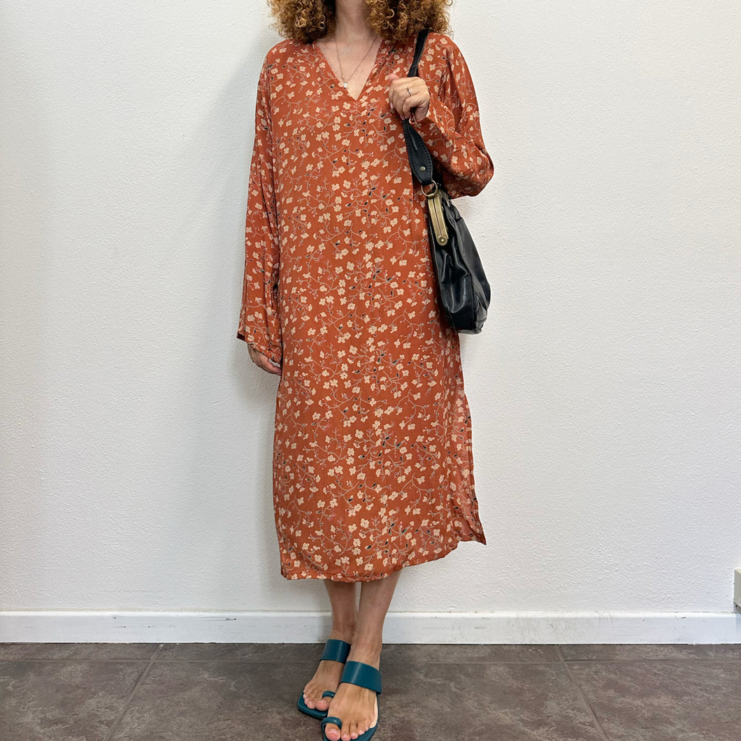 Abito caftano anni ’90 – ruggine con stampa floreale – deadstock