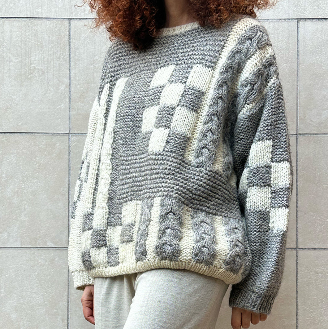 Maglione hand-knitted grigio e bianco 90s